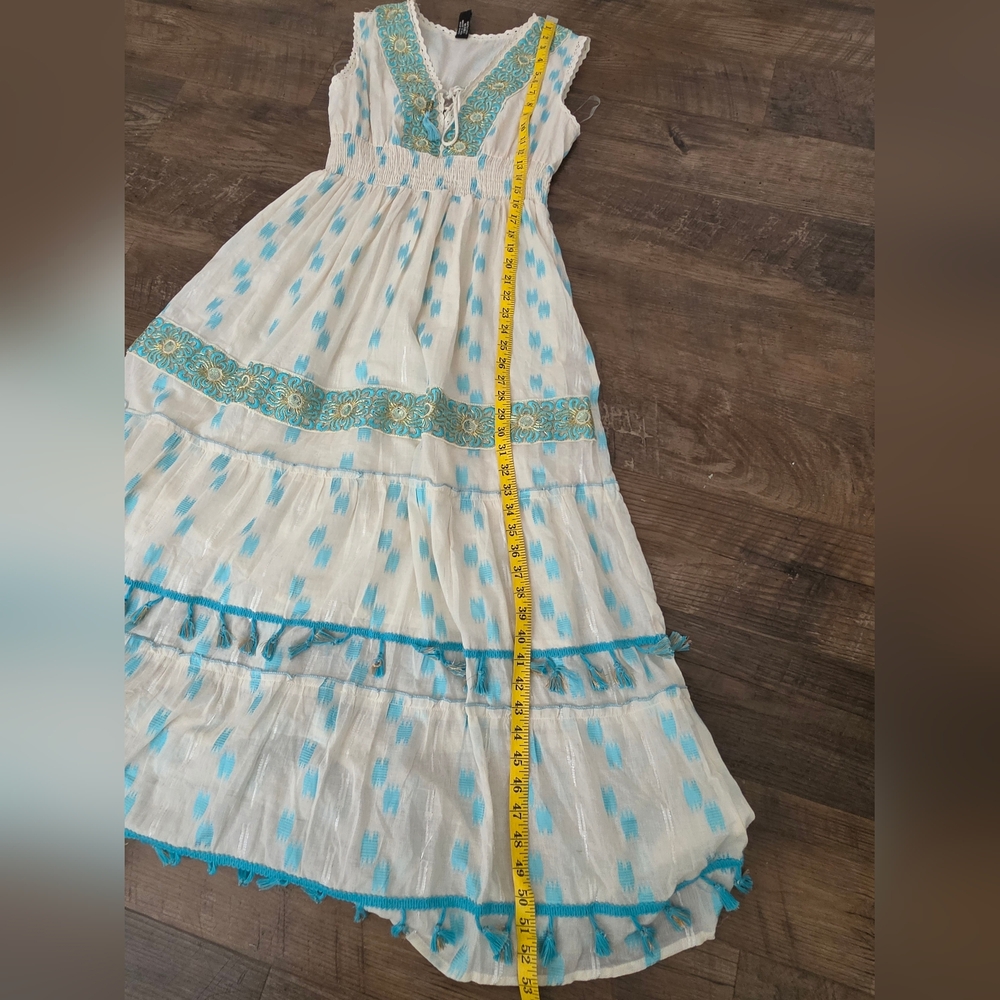 Bohemian V-Neck White Maxi Dress with Teal Embroidery - Picture 7 of 7